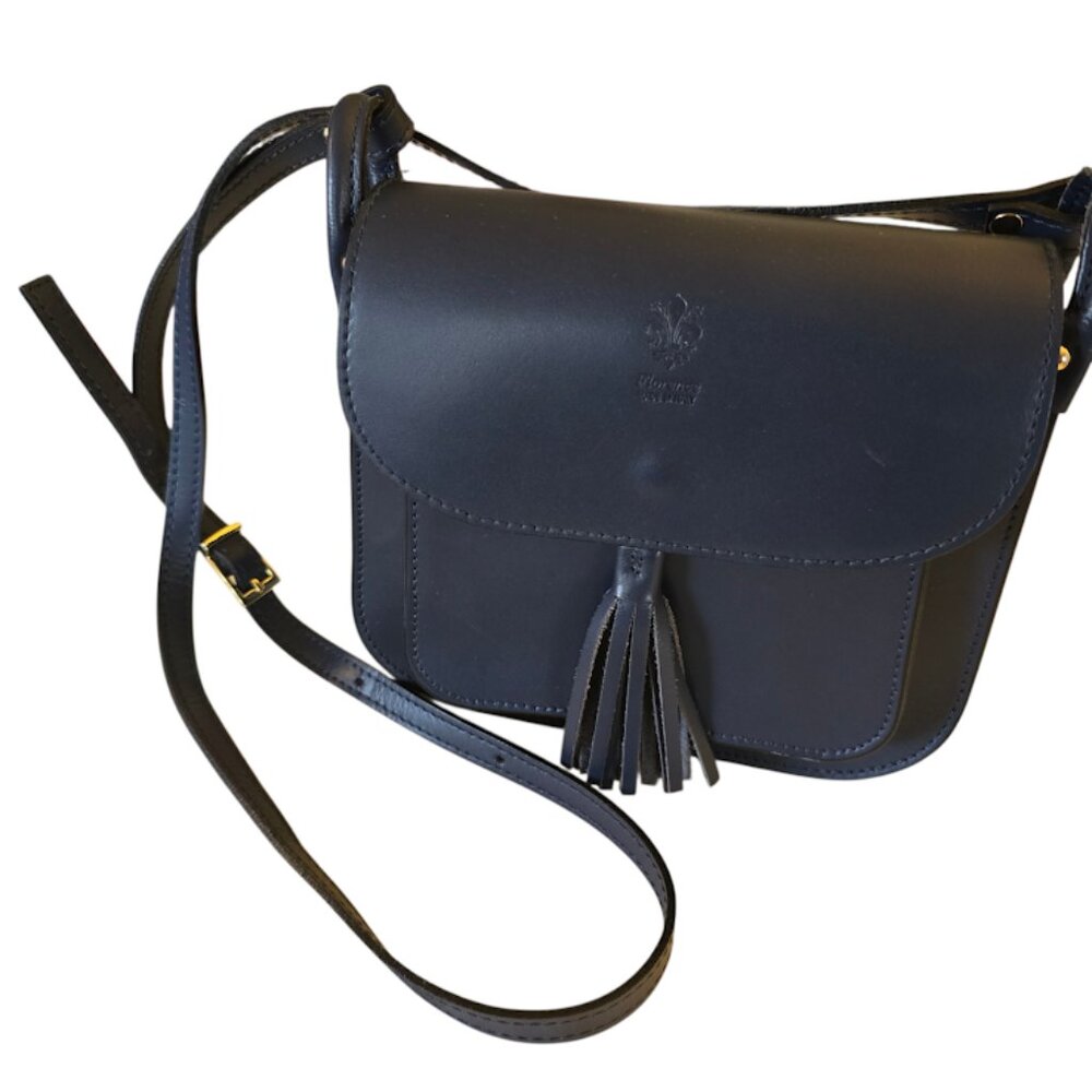 FLORENCE GENUINE LEATHER CROSSBODY SADDLE BAG MADE IN ITALY NAVY BLUE